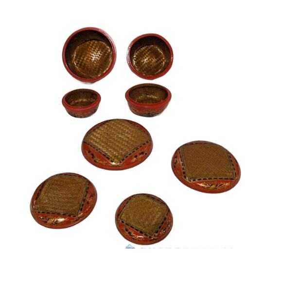 Vintage Burmese Lacquer & Woven Bamboo Monk Rice Bowls, Set of 9, 1930s - Picture 3 of 10